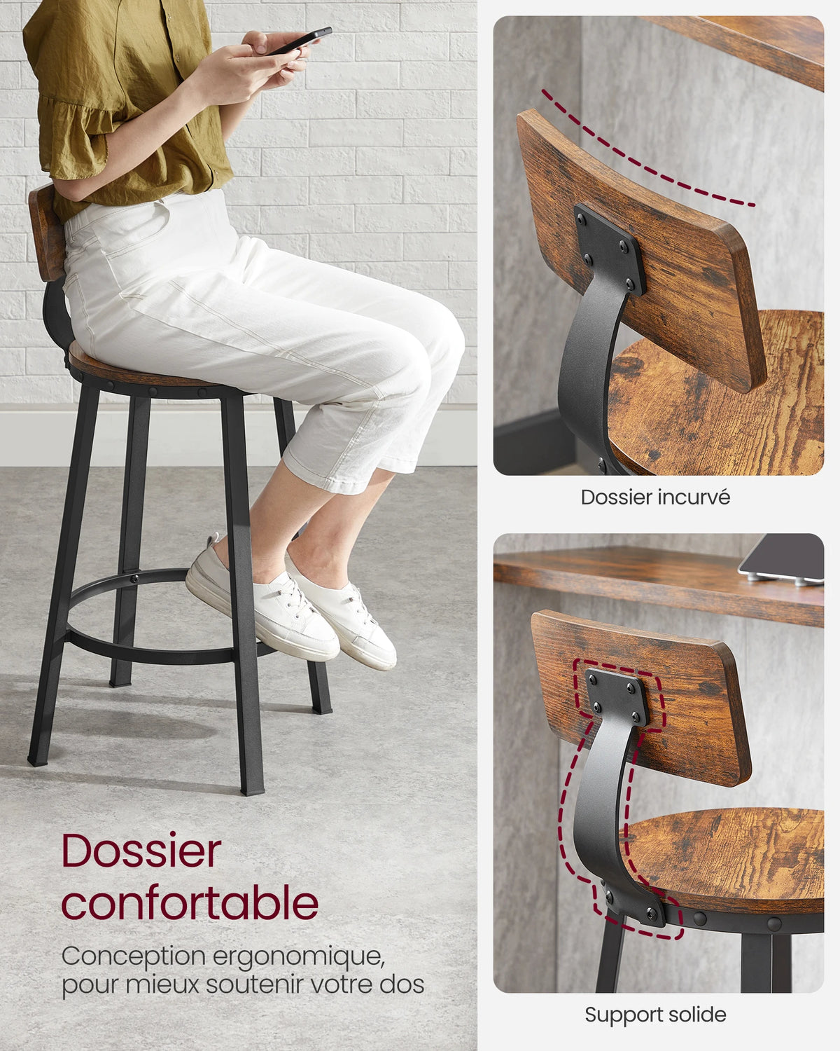 Ensemble – 2 chaises de bar 60 cm au design industriel et boisé – Denver