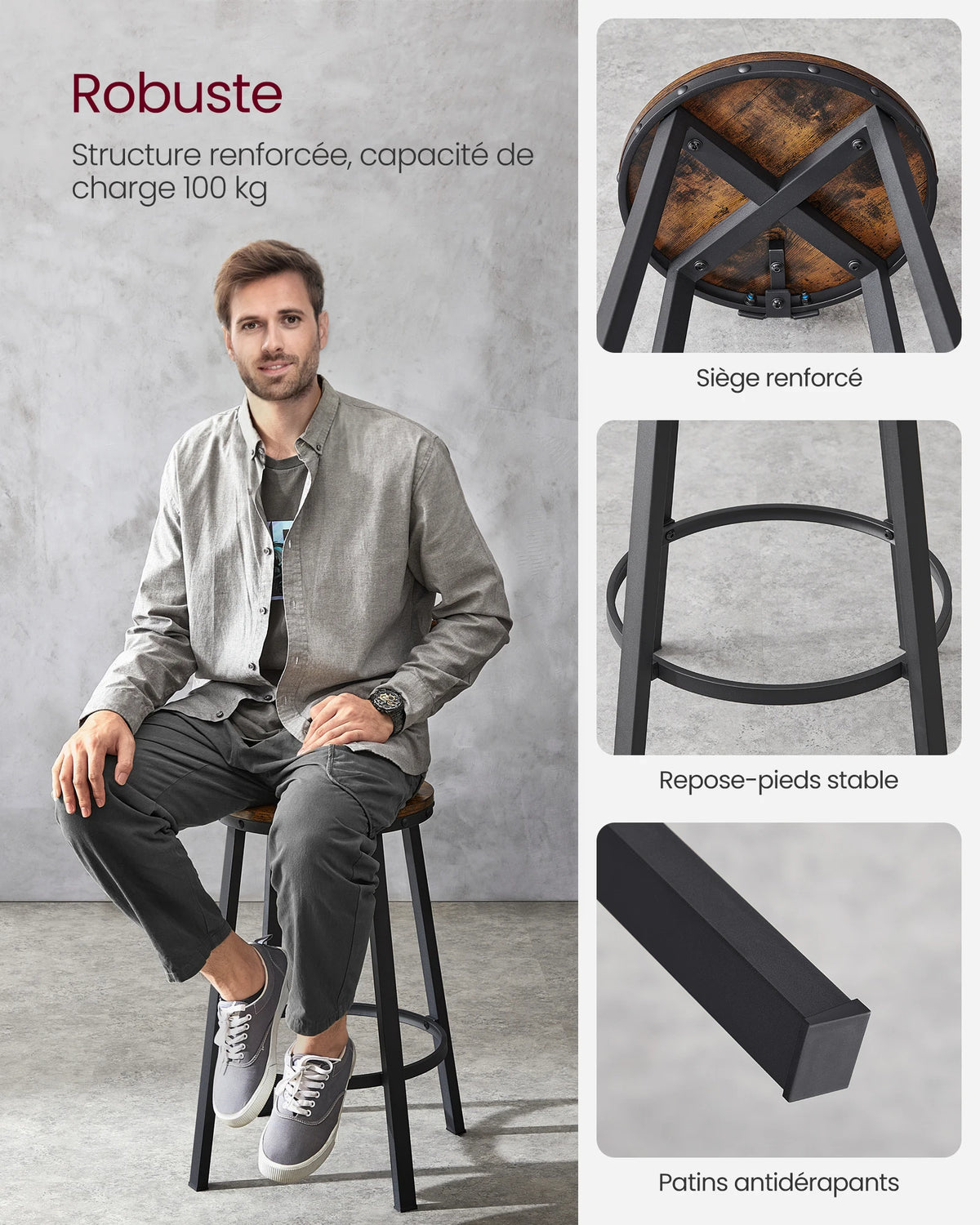 Ensemble – 2 chaises de bar 60 cm au design industriel et boisé – Denver