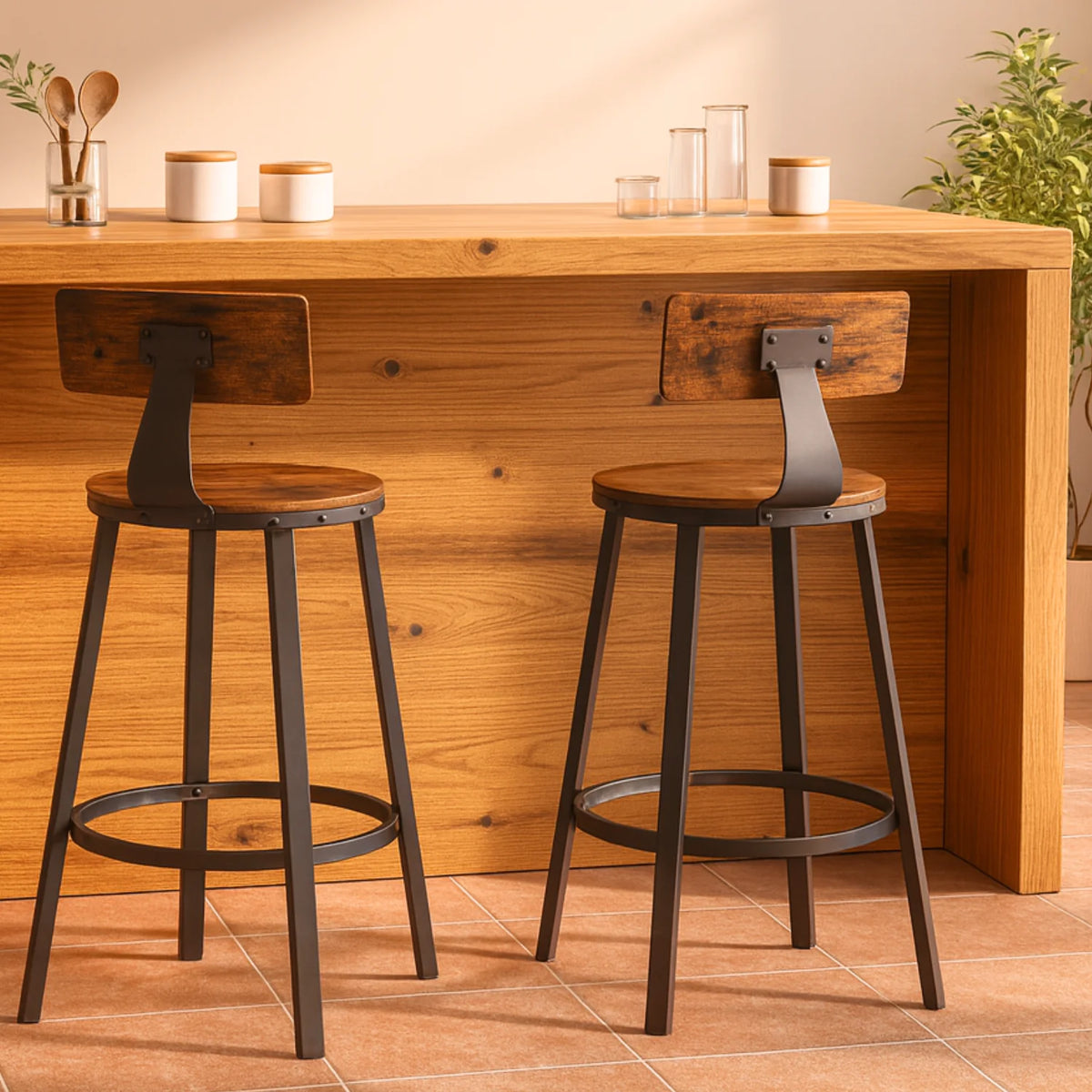 Ensemble – 2 chaises de bar 60 cm au design industriel et boisé – Denver